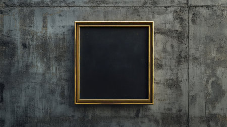 A square gold frame mounted on a textured concrete wall, ideal for artwork placement and copy space.の素材