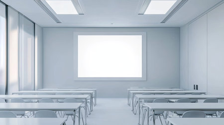 North American classroom with clean white desks and a projector screen, leaving ample copy space.の素材