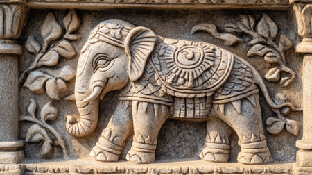 Stone carving of an elephant with detailed craftsmanship, leaving space for copy in the background.の素材