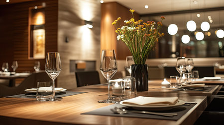 Open-plan modern dining area with elegant lighting and furniture, leaving ample copy space on the wall.の素材