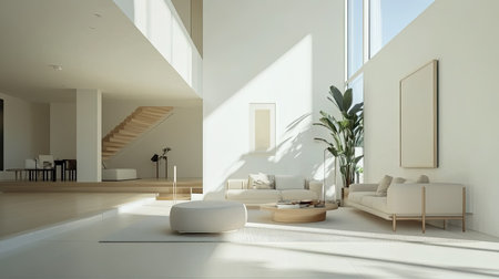 Modern living room with sleek furniture and minimalist decor, leaving ample space for copy on the white walls.の素材