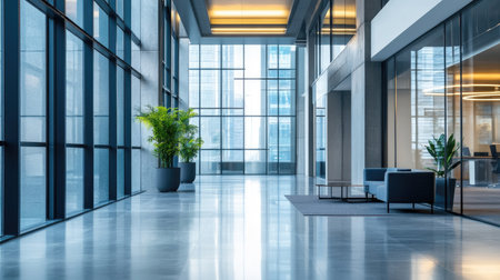 Modern office building interior with glass walls and sleek furniture, leaving space for copyの素材