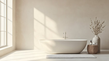 Minimalist modern bathroom with clean lines and neutral tones, leaving ample space for text.の素材