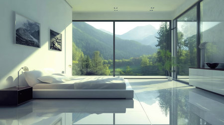 Minimalist modern bedroom with large windows and clean lines, leaving ample space for copy.の素材