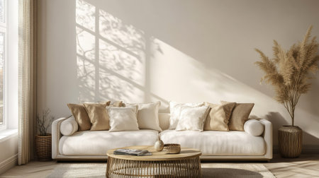 Elegant living room with minimalist decor and empty wall space perfect for text overlays.の素材