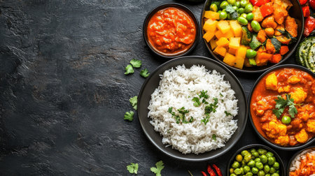 A healthy school meal for Indian children with rice, curry, and vegetables, with space for copy.の素材