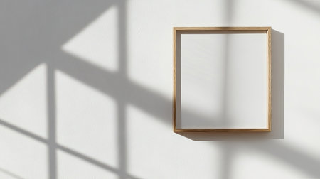 Close-up of a square frame on a minimalist white wall, with ample copy space surrounding the frame.の素材
