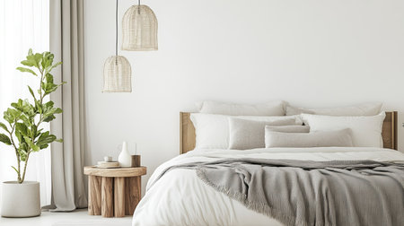 Modern bedroom with a minimalist design and neutral decor, leaving ample space for text.の素材