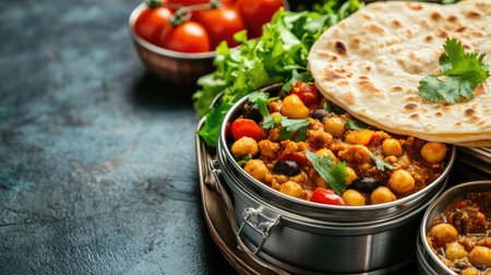 Healthy school lunch for kids with chapati, curry, and salad in an Indian tiffin, with copy spaceの素材