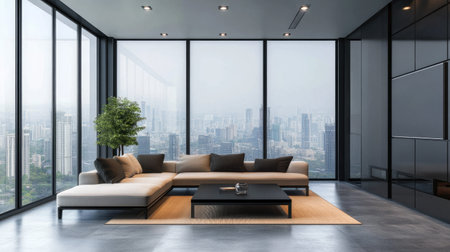 Modern apartment living room with city views and contemporary furniture, leaving room for copyの素材