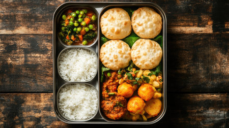 A top view of a lunchbox filled with poori, sabzi, and rice for Indian children, with copy space.の素材