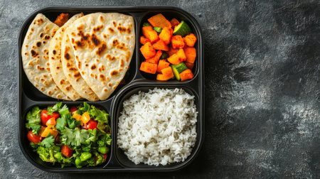 A top view of a healthy school meal with roti, rice, and vegetables for kids, ample space for text.の素材