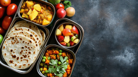 A healthy school meal of roti, sabzi, and fruit in a traditional tiffin box with copy space.の素材