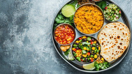 Colorful Indian school lunchbox with chapati, dal, and salad, with copy space around the meal.の素材