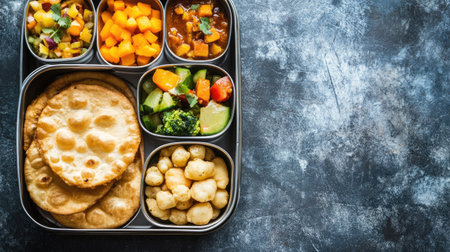 A traditional school meal with poori and vegetables, arranged in a tiffin with ample copy spaceの素材