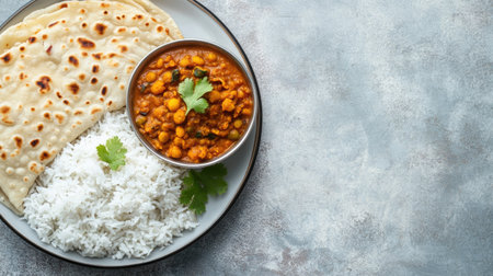 A plate of Indian school food including rice, dal, and roti, with copy space around the meal.の素材