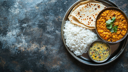 Top view of an Indian school meal featuring rice, dal, and roti, with copy space for text or design.の素材