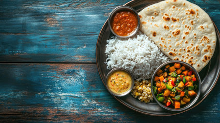 Balanced Indian school meal featuring rice, vegetables, and roti, with space for text.の素材