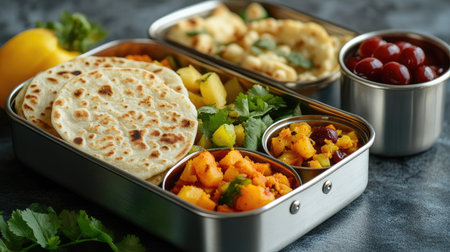 A lunchbox for Indian schoolchildren filled with roti, sabzi, and fruits, with copy space for text.の素材
