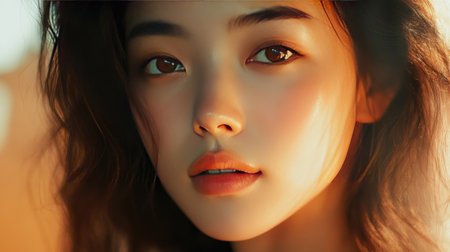 Beautiful close-up of an Asian woman with glowing skin, exuding confidence and radianceの素材