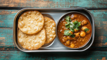 Indian school children's meal of poori and curry in a lunchbox, with plenty of space for text.の素材