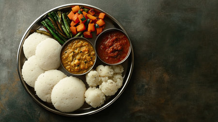 Indian-style school meal featuring idli, chutney, and vegetables, with copy space for text.の素材