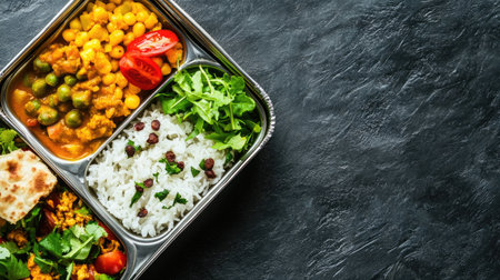 Traditional Indian tiffin filled with rice, curry, and salad for schoolchildren, with copy space available.の素材