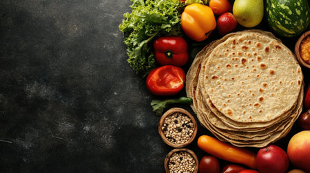 Nutritious lunch for kids in India, featuring chapati, vegetables, and fruits, with space for text.の素材