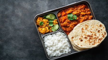 Top view of an Indian lunchbox with rice, curry, and roti, arranged neatly with copy space on the side.の素材