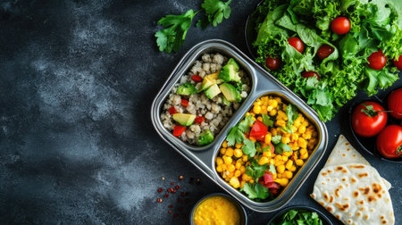Healthy Indian school tiffin box with chapati, dal, and salad, with ample space for copy.の素材