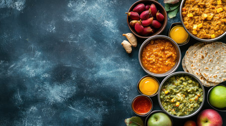 A traditional school lunch of chapati, dal, and fruits for kids in India, surrounded by copy space.の素材