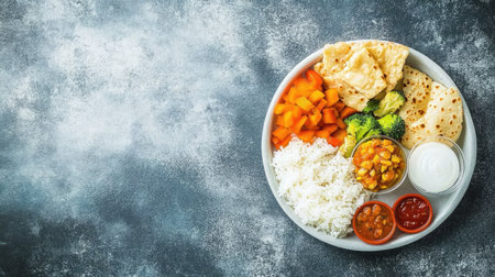 Simple school meal with rice, vegetables, and roti for kids in India, surrounded by copy space.の素材