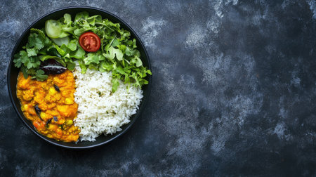 Indian school lunch of rice, dal, and salad, shot from above with generous copy space around.の素材