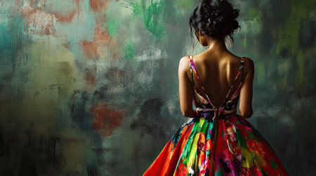 Beautiful woman in a colorful dress with an open back, back view close-up, capturing the playful mix of colors and eleganceの素材