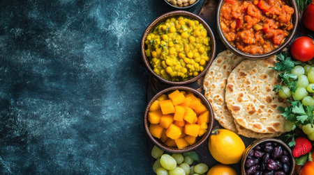 A traditional school lunch of chapati, dal, and fruits for kids in India, surrounded by copy space.の素材