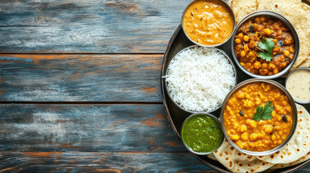 Top view of an Indian school meal of rice, dal, and roti, with plenty of copy space.の素材