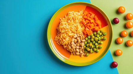 Top view of a colorful lunch plate for Indian schoolchildren, with plenty of copy space.の素材