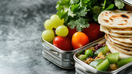 A nutritious tiffin box for Indian children filled with roti, dal, and fruits, with space for text.の素材