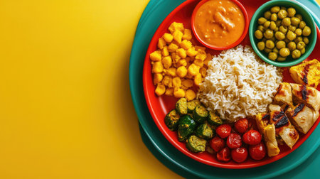 Top view of a colorful lunch plate for Indian schoolchildren, with plenty of copy space.の素材