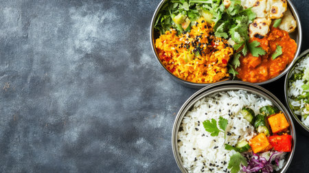 Traditional Indian tiffin filled with rice, curry, and salad for schoolchildren, with copy space available.の素材