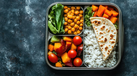 Simple lunchbox for Indian kids with chapati, vegetables, and rice, plenty of space for copy.の素材