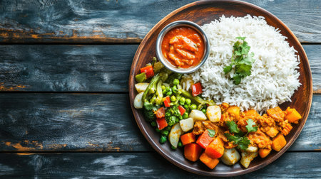 Top view of school lunch with rice, vegetables, and curry for kids in India, with room for text.の素材