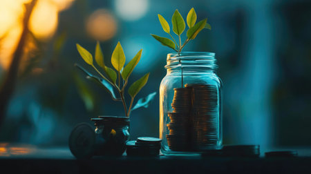 Growing stack of Indian coins beside a savings jar, representing financial growth, with room for textの素材