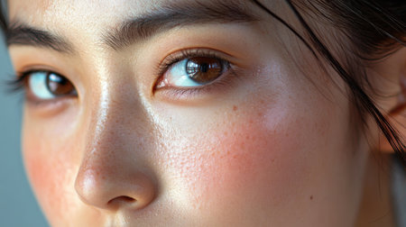 Close-up of an Asian woman face with glowing skin, highlighting the effects of good skincareの素材