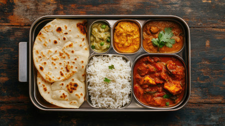 Top view of an Indian lunchbox with rice, curry, and roti, arranged neatly with copy space on the side.の素材