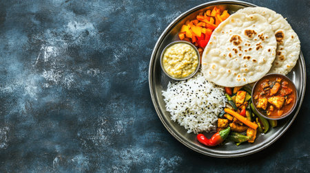 Traditional school meal of rice, roti, and vegetables for children in India, surrounded by copy space.の素材