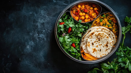 Traditional tiffin box for kids in India, filled with roti, dal, and salad, with ample space for textの素材