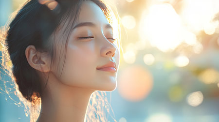 Smooth and glowing skin of an Asian woman under natural sunlight, showcasing healthy, hydrated skinの素材