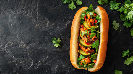 A vibrant top view of Vietnamese banh mi sandwich with pickles and cilantro, copy spaceの素材