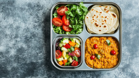 Traditional Indian tiffin with roti, dal, and salad for schoolchildren, with ample copy space.の素材